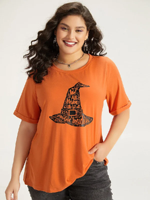 Halloween Graphic Roll Sleeve Crew Neck T-shirt