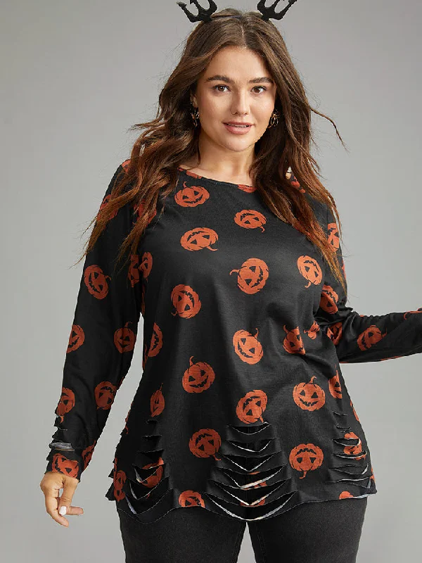 Halloween Pumpkin Print Distressed T-shirt