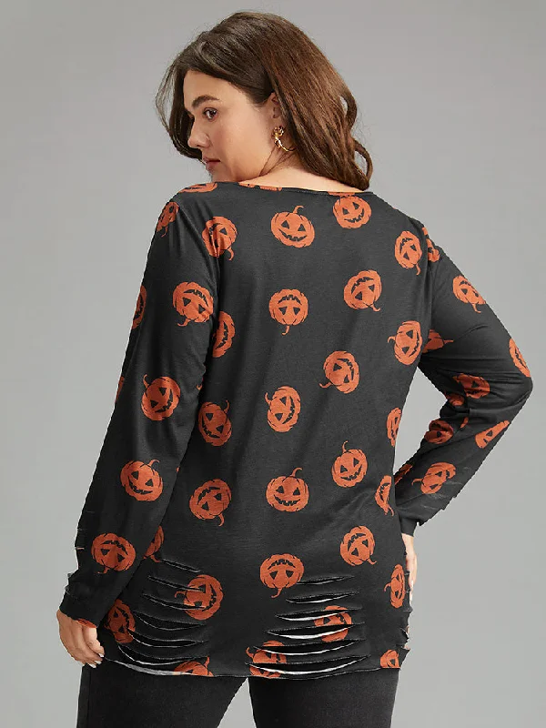 halloween-pumpkin-print-distressed-t-shirt