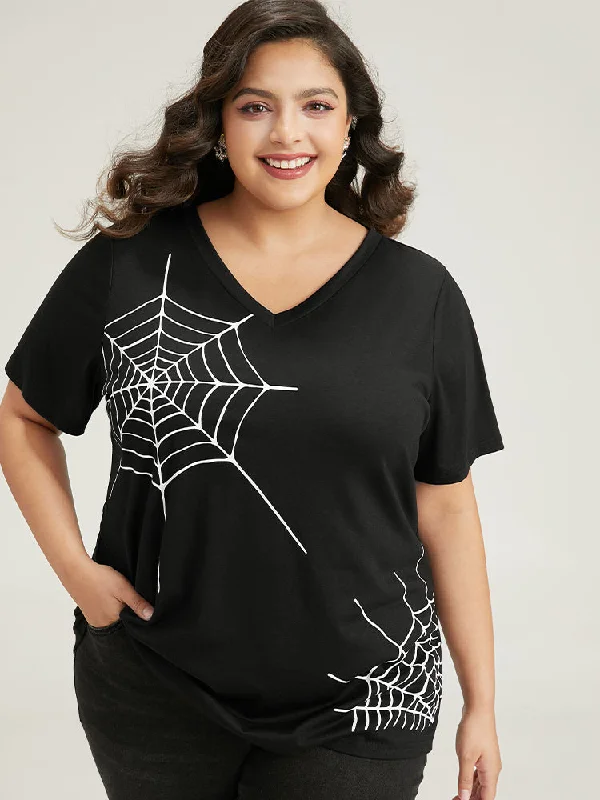 Halloween Spider Web Print V Neck T-shirt