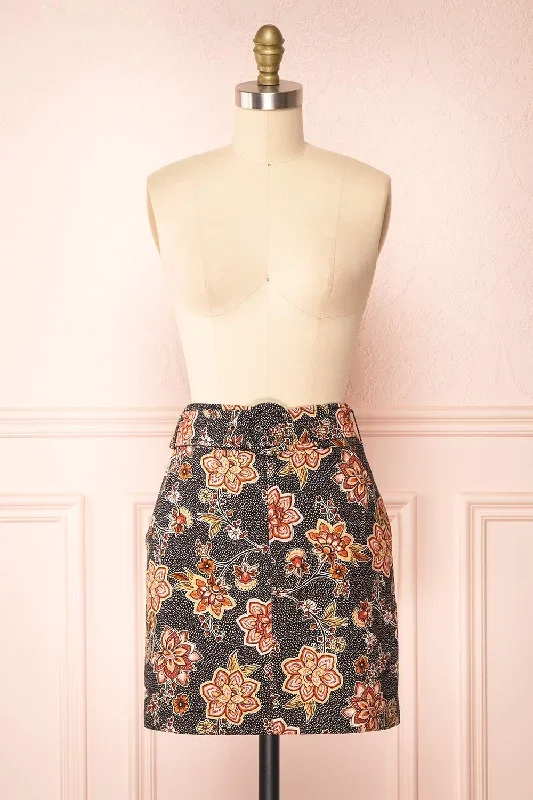 Jondora | Floral Short Skirt w/ Belt