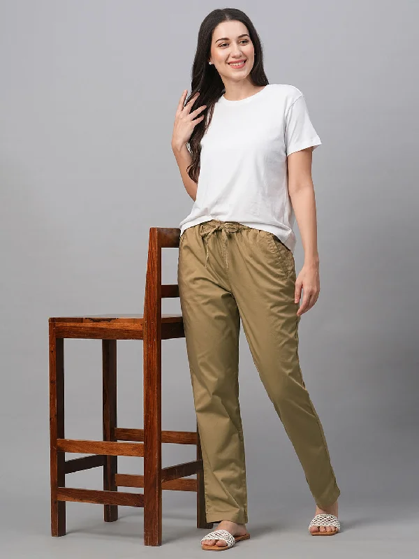 Women's Khaki Cotton Lycra Regular Fit Pant