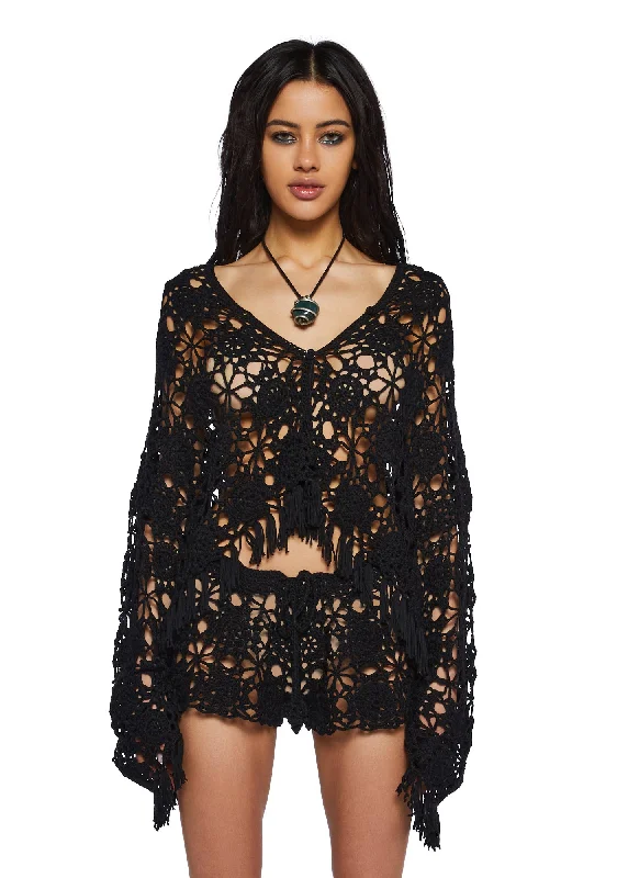 Palms Retreat Cropped Crochet Cardigan-Black