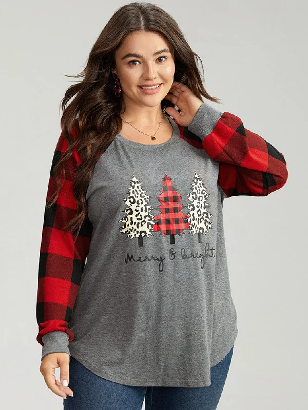 Plaid Christmas Trees Round Neck T-shirt