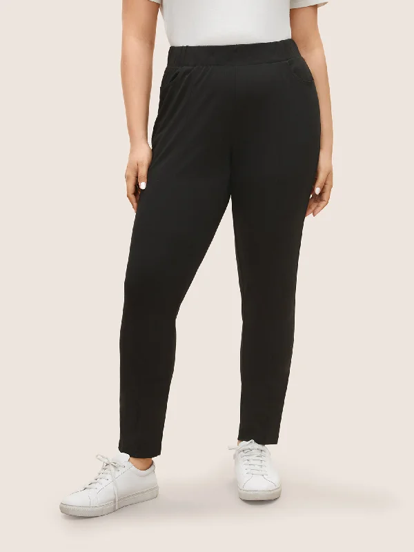 Plain Elastic Waist High Rise Slim Pants