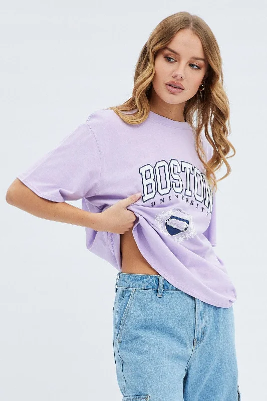 Purple Short Sleeve Boston Embroidered Tee