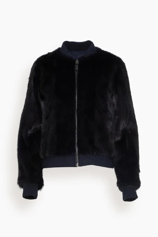 Reversible Technical Jacket with Mink Trim in Dark Blue