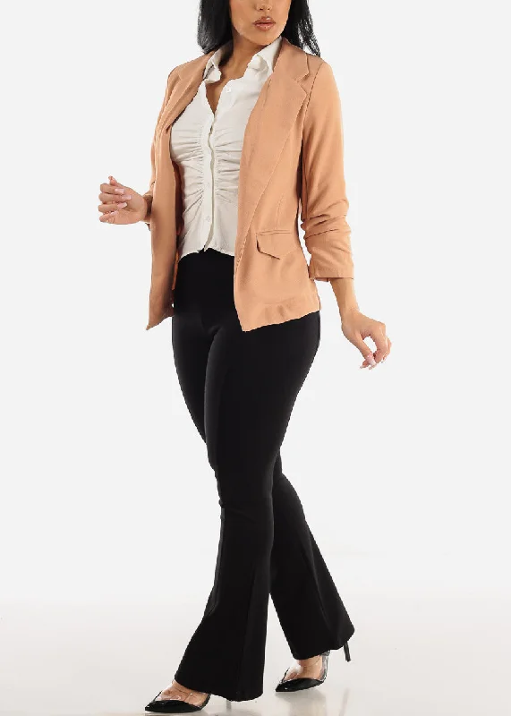 ruched-quarter-sleeve-open-front-blazer-khaki-hmj21053khaki