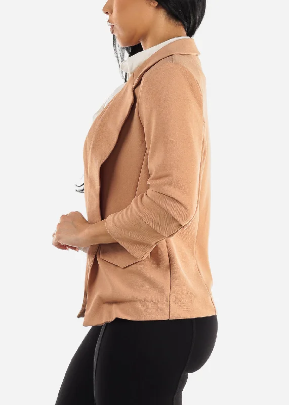 ruched-quarter-sleeve-open-front-blazer-khaki-hmj21053khaki