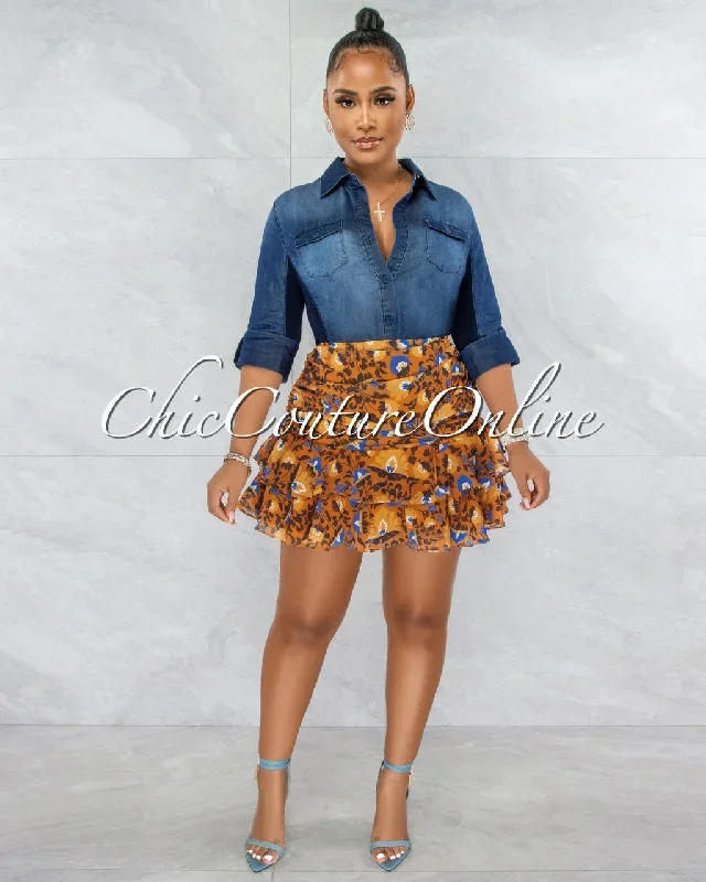 senior-orange-floral-ruched-ruffle-hem-mini-skirt