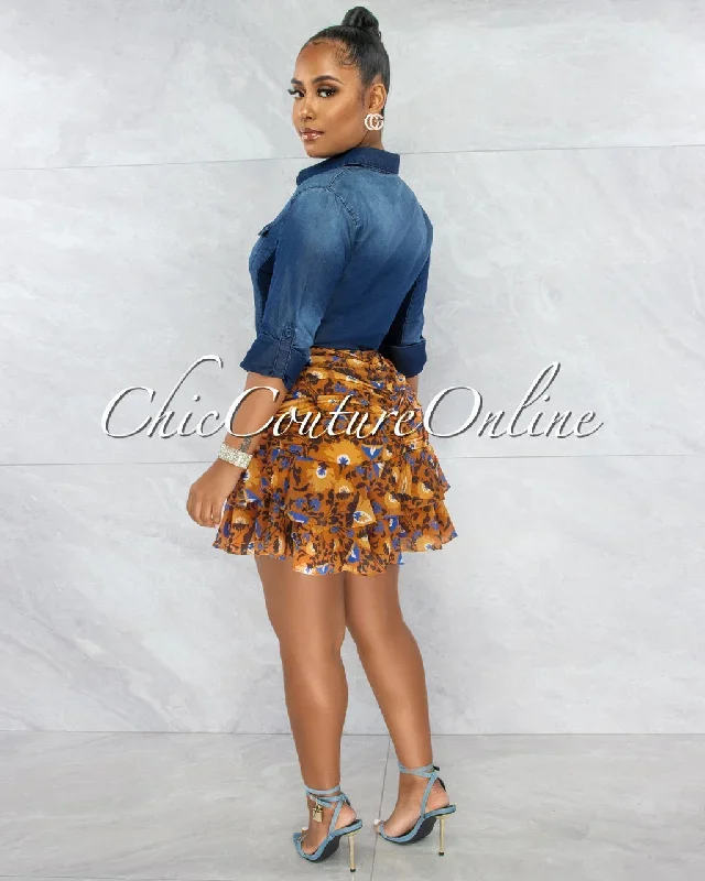 senior-orange-floral-ruched-ruffle-hem-mini-skirt