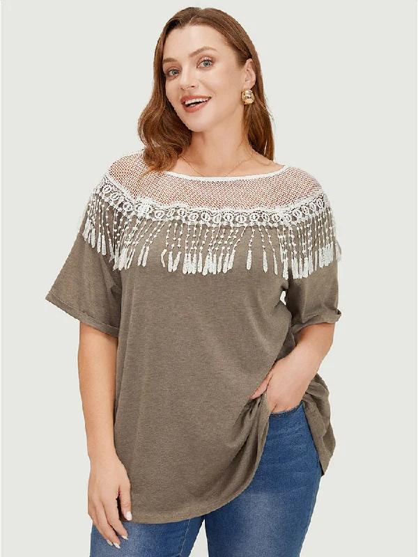 solid-roll-sleeve-lace-fringe-trim-t-shirt