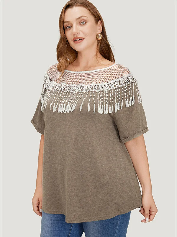 solid-roll-sleeve-lace-fringe-trim-t-shirt