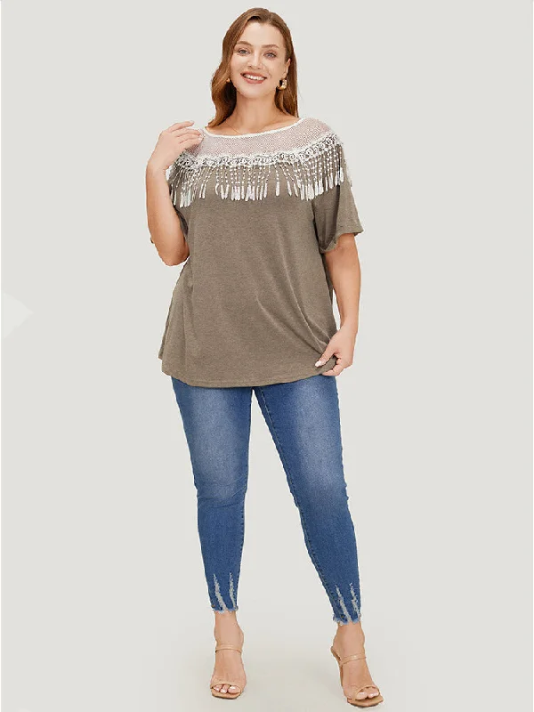 solid-roll-sleeve-lace-fringe-trim-t-shirt