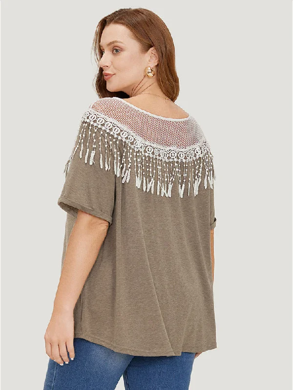 solid-roll-sleeve-lace-fringe-trim-t-shirt