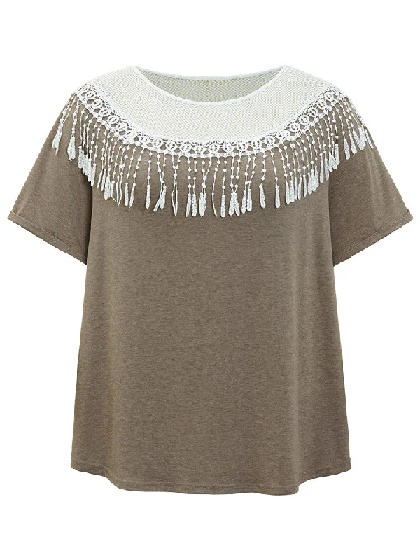 solid-roll-sleeve-lace-fringe-trim-t-shirt