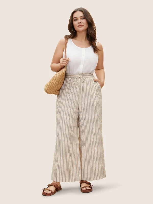 Striped Drawstring Mid Rise Wide Leg Pants