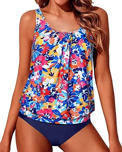 Modest Bathing Suits Loose Fit Swimwear Women's Tankini Swimsuits-Colorful Flower