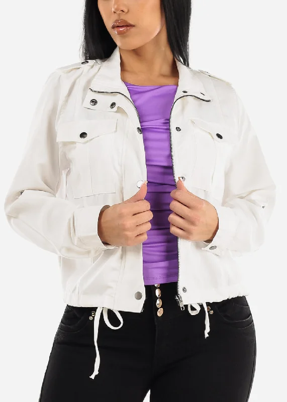 White Drawstring Waist Zip Up Jacket