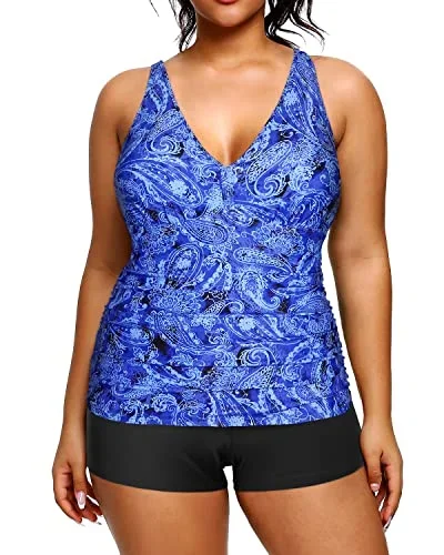 Women's Plus Size Deep V Neckline Ruched Tummy Control Tankini Swimsuit-Blue Tribal