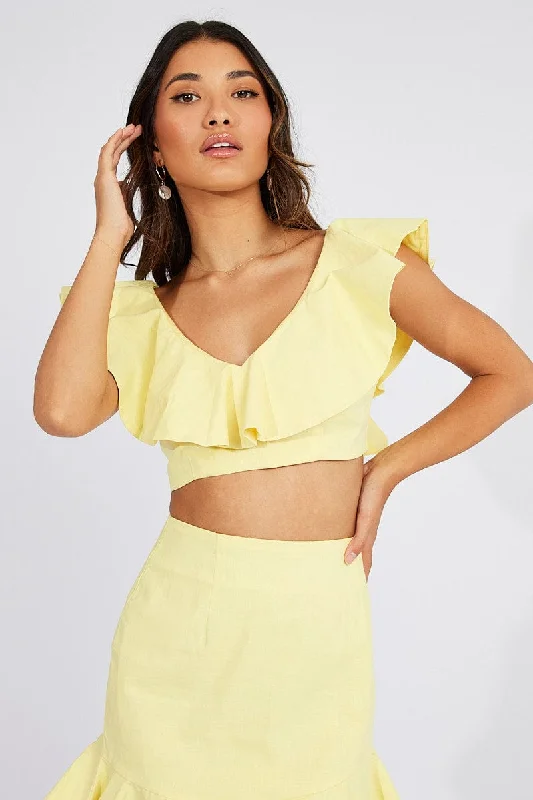 Yellow Plunge Crop Top Ruffle Shoulders